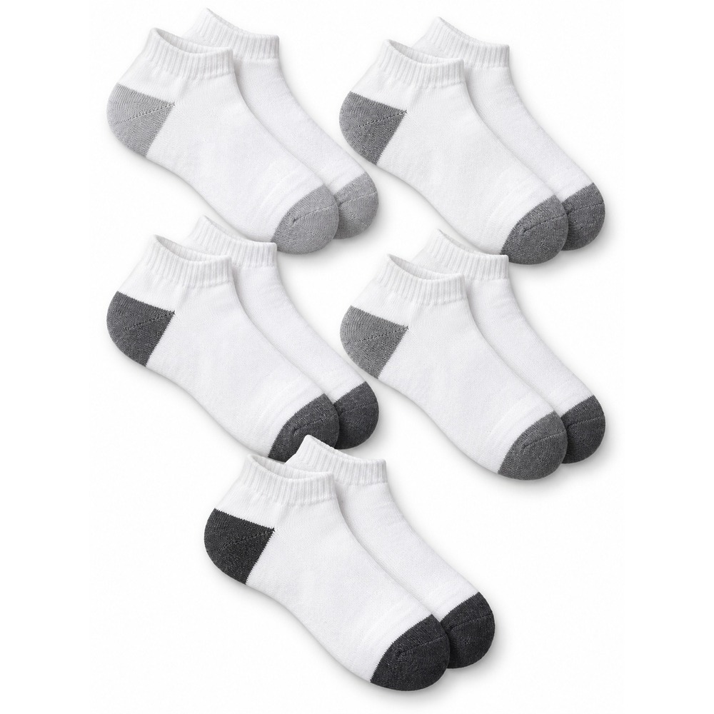 White Ankle Socks 5-Pair Set Gray & Black Reinforced Heel and Toe New